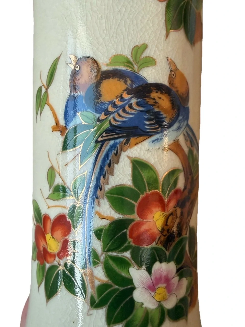 Vintage Japanese Kutani Satsuma Style Vase 11” Crackle Glaze Birds & Camellias - Picture 4 of 9